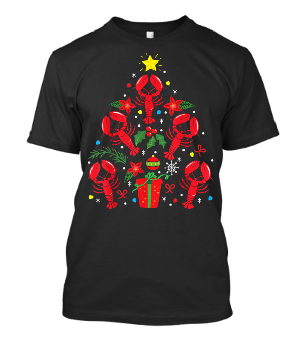 Lobster Christmas Ornament Tree With Stars Holly Berries Present T-Shirt
