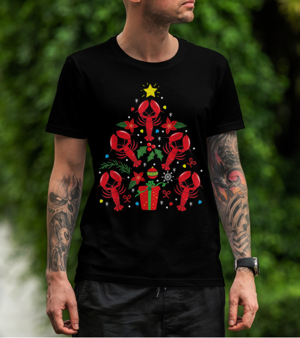 Lobster Christmas Ornament Tree With Stars Holly Berries Present T-Shirt