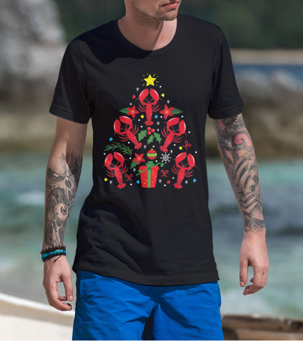 Lobster Christmas Ornament Tree With Stars Holly Berries Present T-Shirt