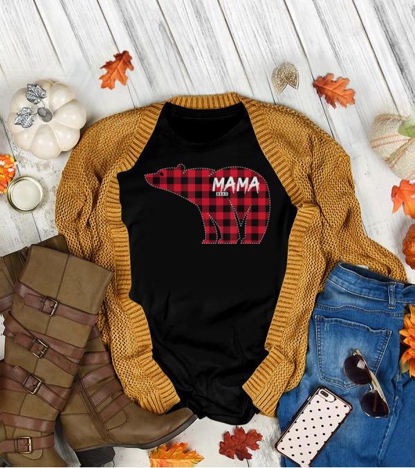 Mama Bear Red Plaid Buffalo Check Bear Mama T-Shirt