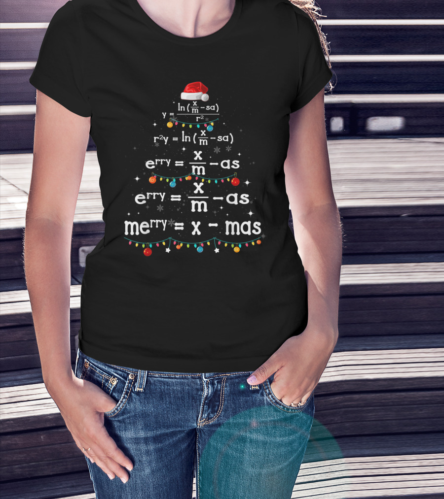 Math Teacher Merry Xmas Tree Equation Santa Hat Lights T-Shirt