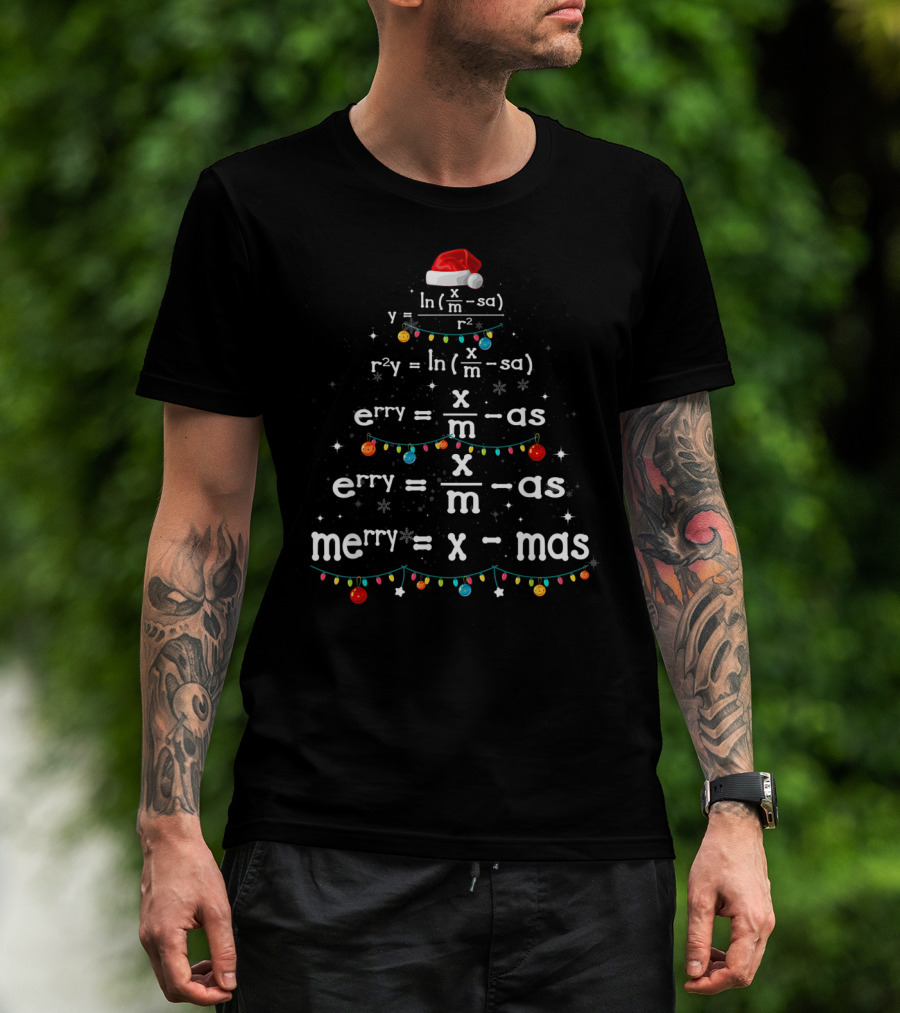 Math Teacher Merry Xmas Tree Equation Santa Hat Lights T-Shirt