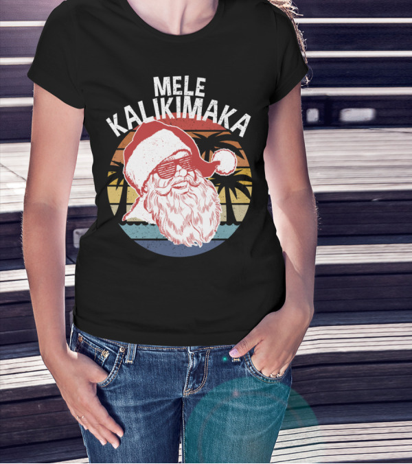 Mele Kalikimaka Vintage Hipster Santa Palm Trees Retro Sunset T-Shirt