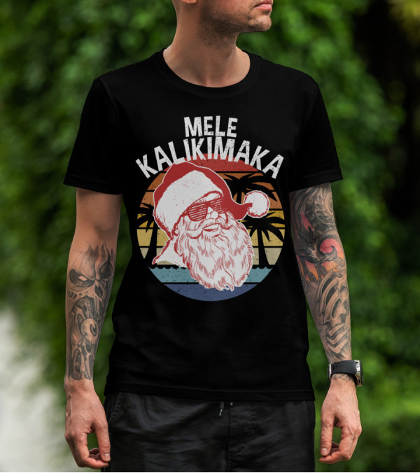 Mele Kalikimaka Vintage Hipster Santa Palm Trees Retro Sunset T-Shirt