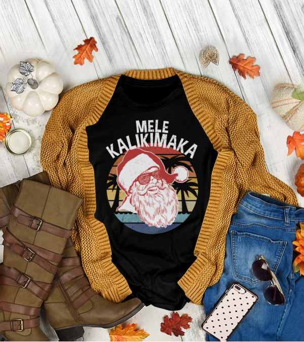 Mele Kalikimaka Vintage Hipster Santa Palm Trees Retro Sunset T-Shirt