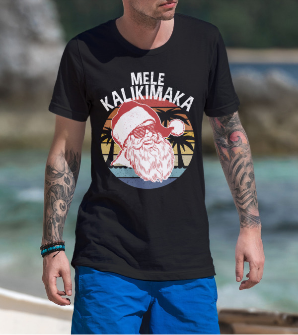 Mele Kalikimaka Vintage Hipster Santa Palm Trees Retro Sunset T-Shirt