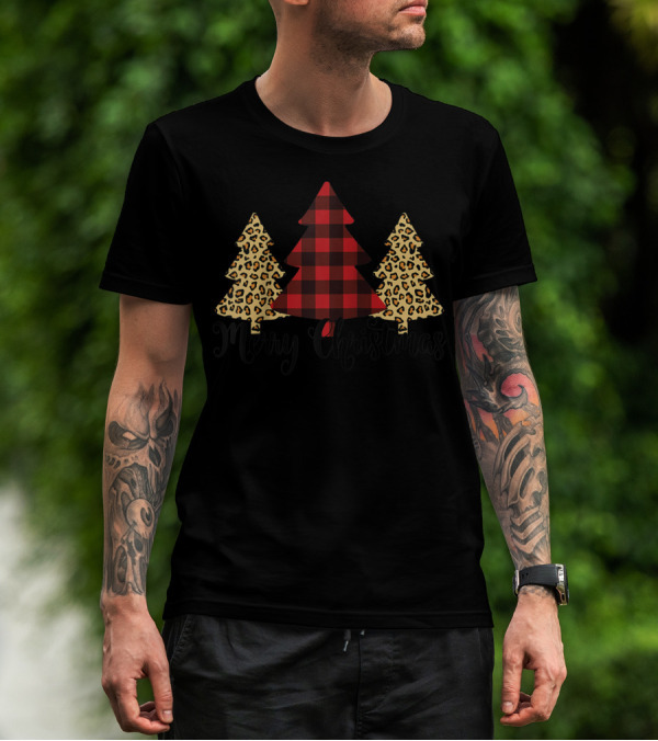 Merry Christmas Buffalo Plaid Leopard Tree T-Shirt