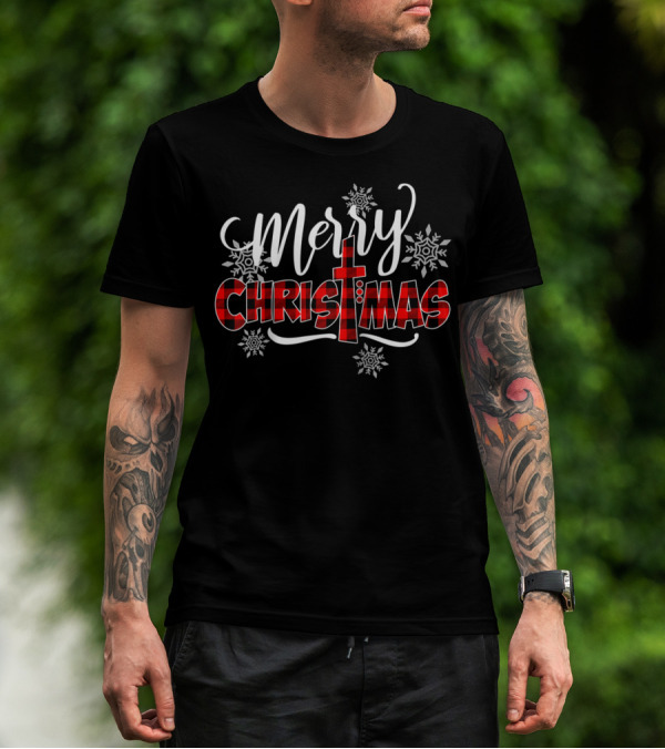 Merry Christmas Buffalo Plaid Cross With Snowflakes T-Shirt