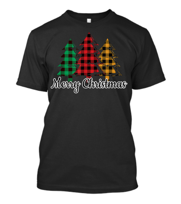 Merry Christmas Plaid Trees Red Green Yellow T-Shirt