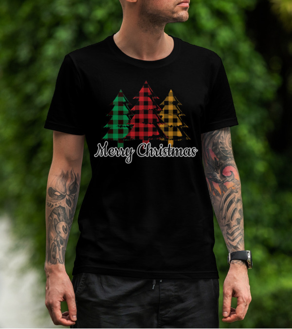 Merry Christmas Plaid Trees Red Green Yellow T-Shirt