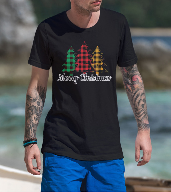 Merry Christmas Plaid Trees Red Green Yellow T-Shirt