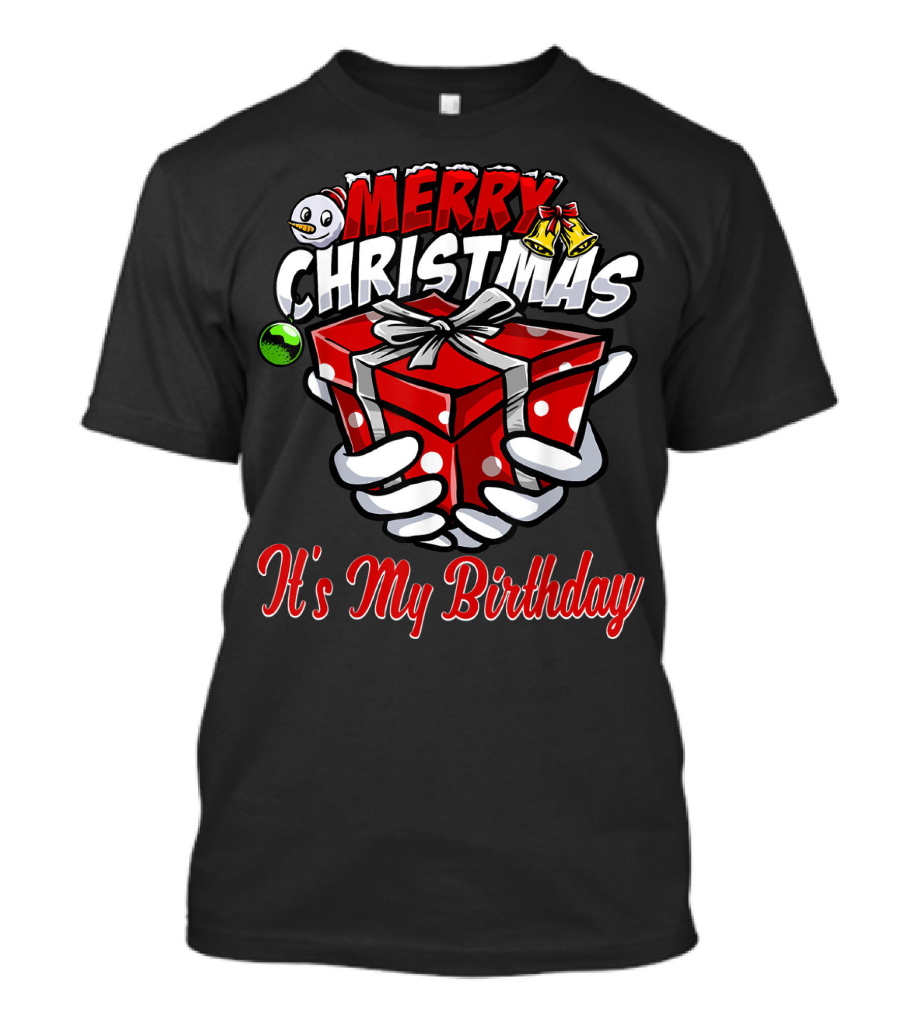 Merry Christmas Birthday With Snowman Present And Bells T-Shirt