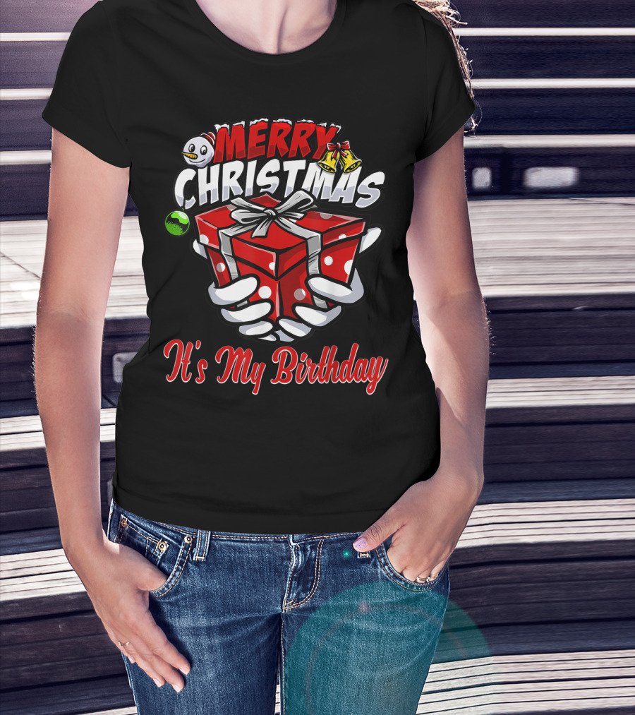 Merry Christmas Birthday With Snowman Present And Bells T-Shirt