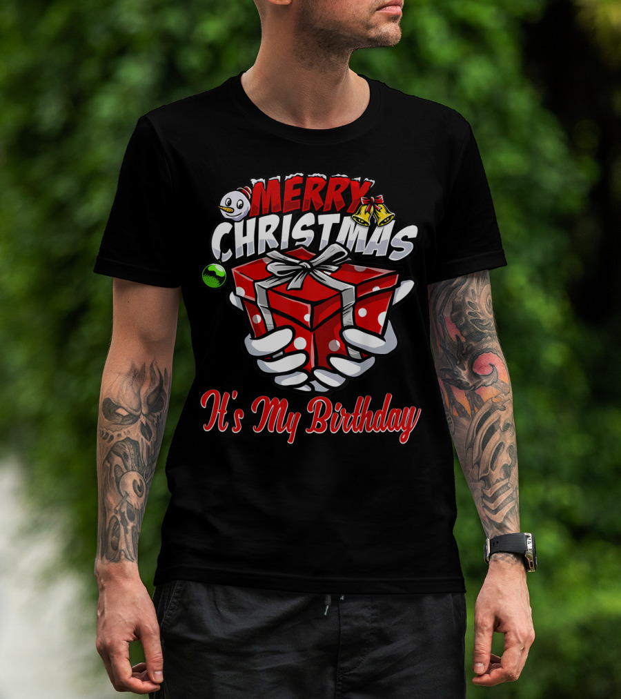 Merry Christmas Birthday With Snowman Present And Bells T-Shirt