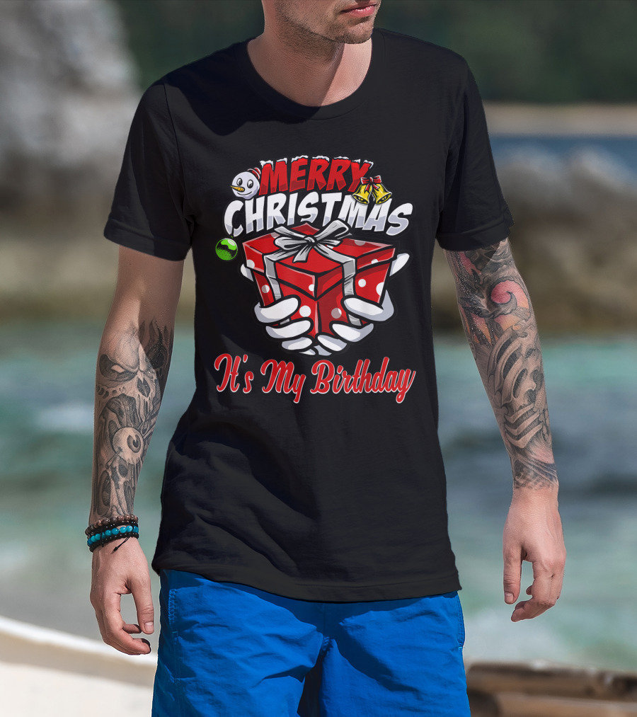 Merry Christmas Birthday With Snowman Present And Bells T-Shirt