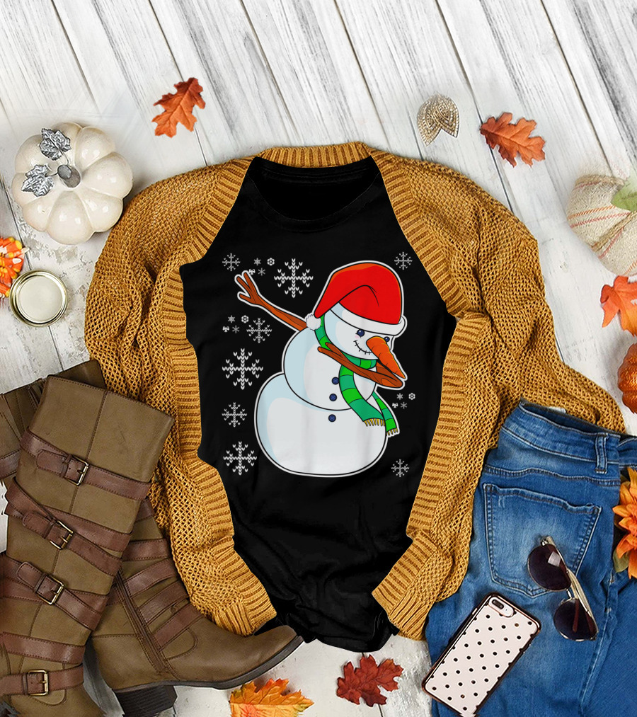 Merry Dabbing Snowman with Santa Hat and Scarf Snowflakes T-Shirt