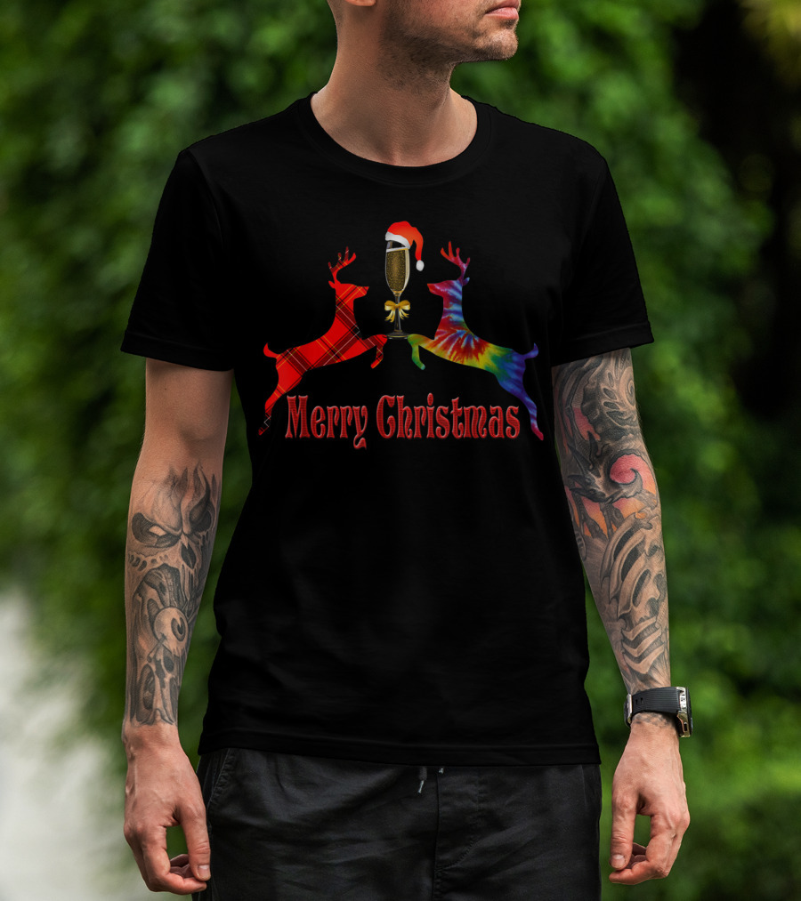 Merry Christmas Plaid Tie Dye Reindeer Santa Hat Wine Glass T-Shirt