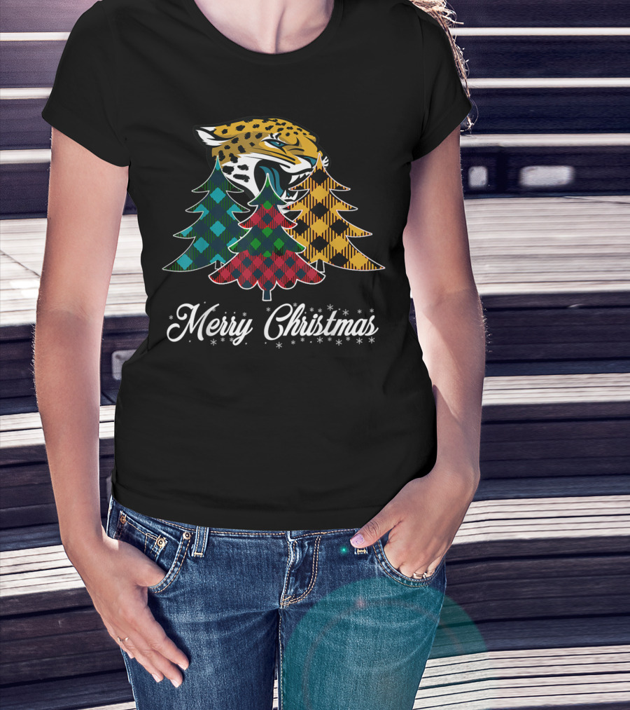 Merry Christmas Jaguars Plaid Trees Football Team T-Shirt