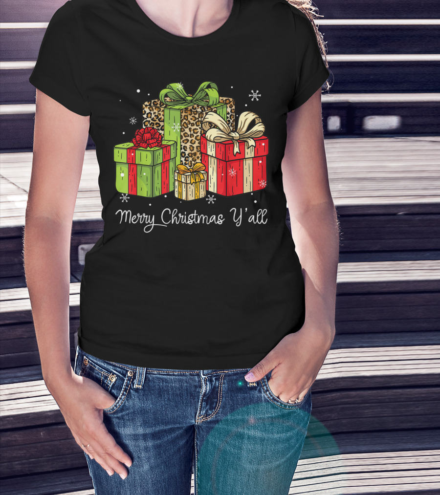 Merry Christmas Y'all Leopard Gift Boxes T-Shirt
