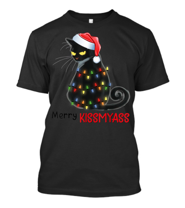 Merry Kissmyass Black Cat With Christmas Lights And Santa Hat T-Shirt
