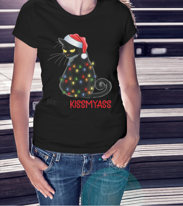 Merry Kissmyass Black Cat With Christmas Lights And Santa Hat T-Shirt