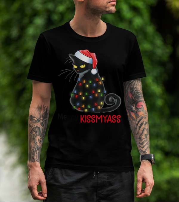 Merry Kissmyass Black Cat With Christmas Lights And Santa Hat T-Shirt