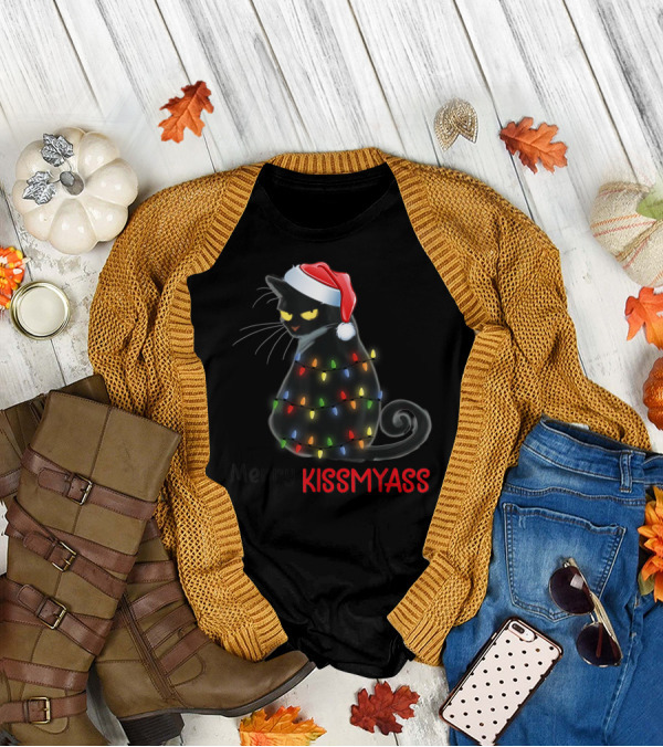 Merry Kissmyass Black Cat With Christmas Lights And Santa Hat T-Shirt