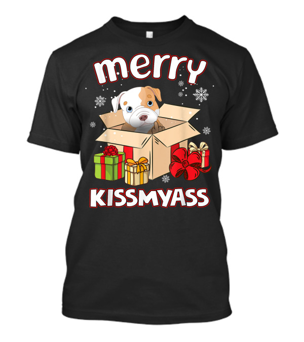 Merry Kissmyass Xmas Lover Pitbull In Box Holiday Humor T-Shirt