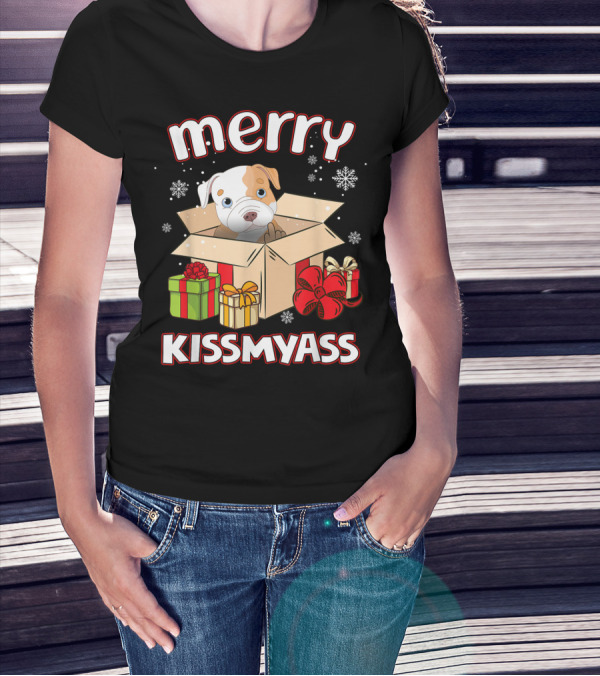 Merry Kissmyass Xmas Lover Pitbull In Box Holiday Humor T-Shirt