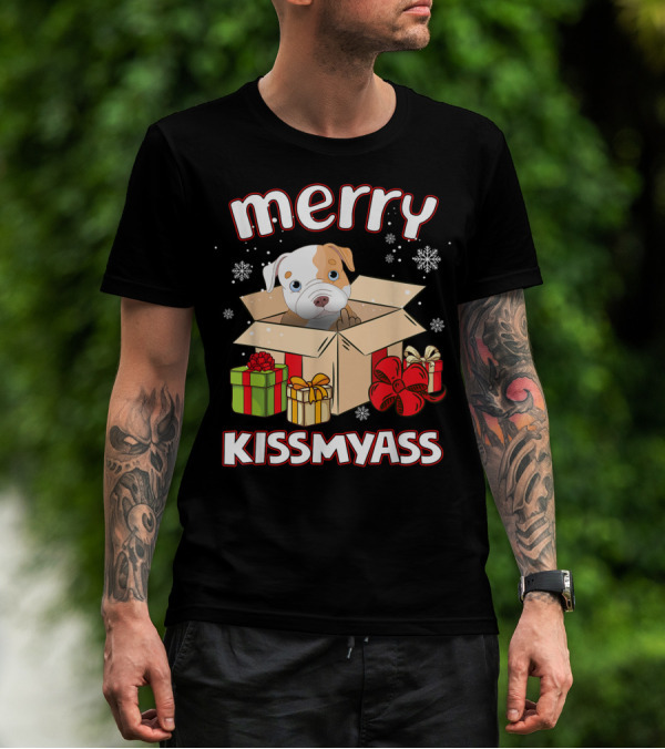 Merry Kissmyass Xmas Lover Pitbull In Box Holiday Humor T-Shirt