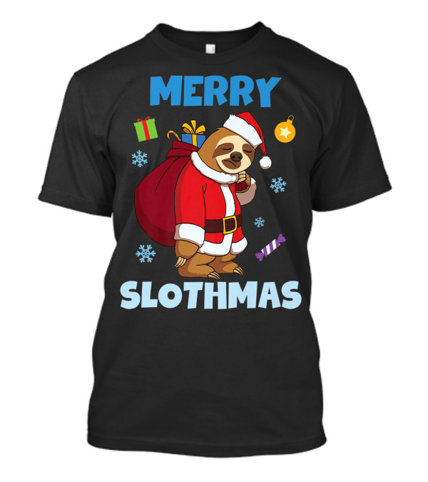 Merry Slothmas Christmas Sloth Santa With Gifts And Snowflakes T-Shirt