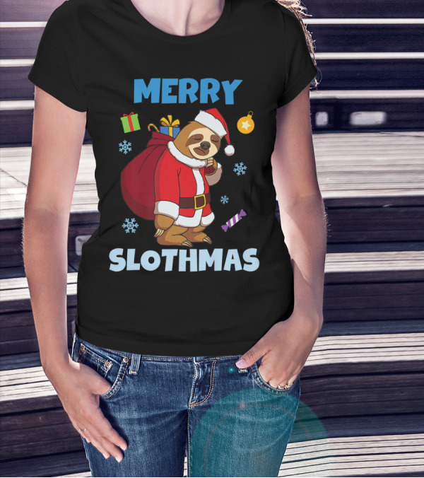 Merry Slothmas Christmas Sloth Santa With Gifts And Snowflakes T-Shirt