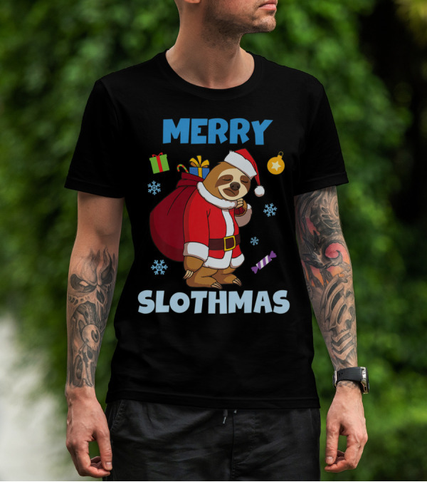 Merry Slothmas Christmas Sloth Santa With Gifts And Snowflakes T-Shirt
