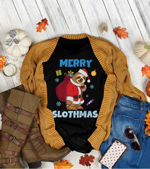Merry Slothmas Christmas Sloth Santa With Gifts And Snowflakes T-Shirt
