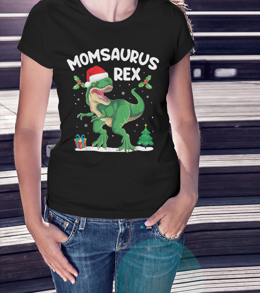 Momsaurus Rex Christmas Dinosaur Santa Hat Holly Tree Gift T-Shirt