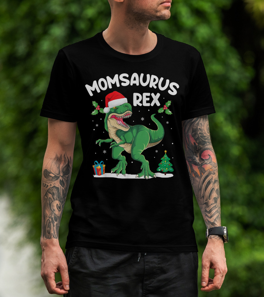 Momsaurus Rex Christmas Dinosaur Santa Hat Holly Tree Gift T-Shirt