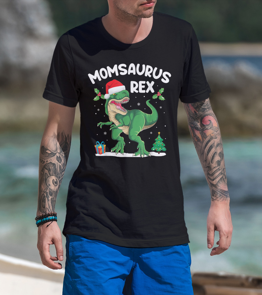 Momsaurus Rex Christmas Dinosaur Santa Hat Holly Tree Gift T-Shirt