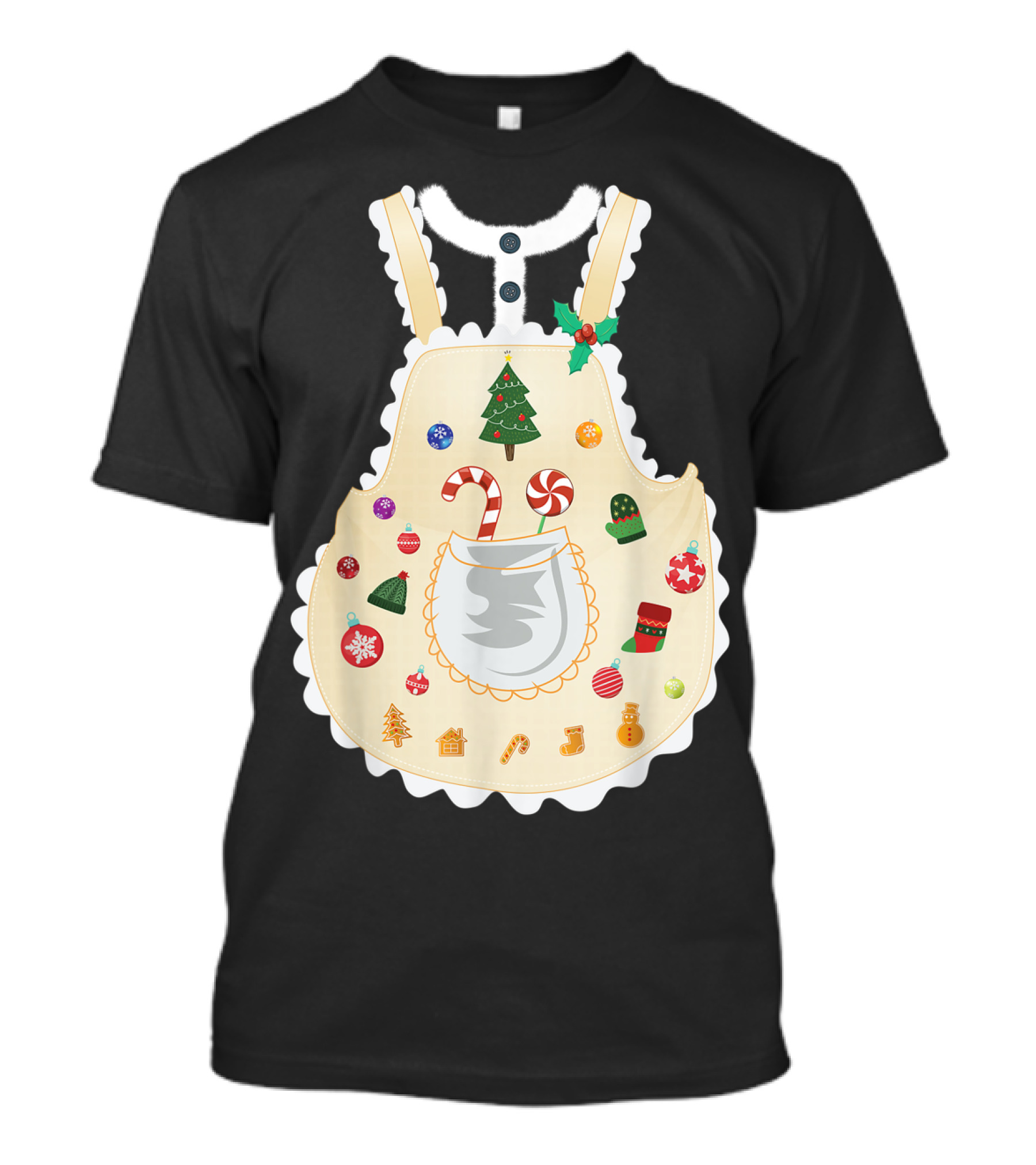 Mrs Claus With Festive Christmas Apron Featuring Santa And Holiday Decorations T-Shirt