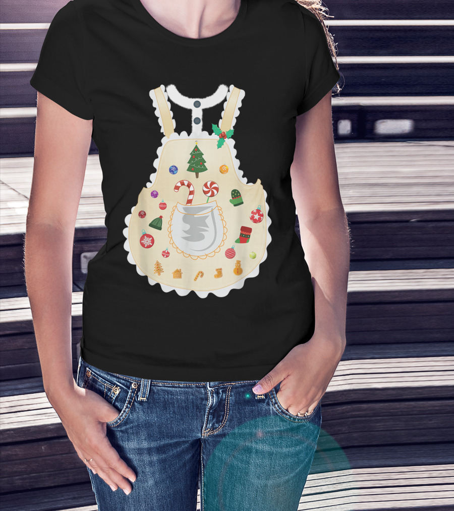 Mrs Claus With Festive Christmas Apron Featuring Santa And Holiday Decorations T-Shirt