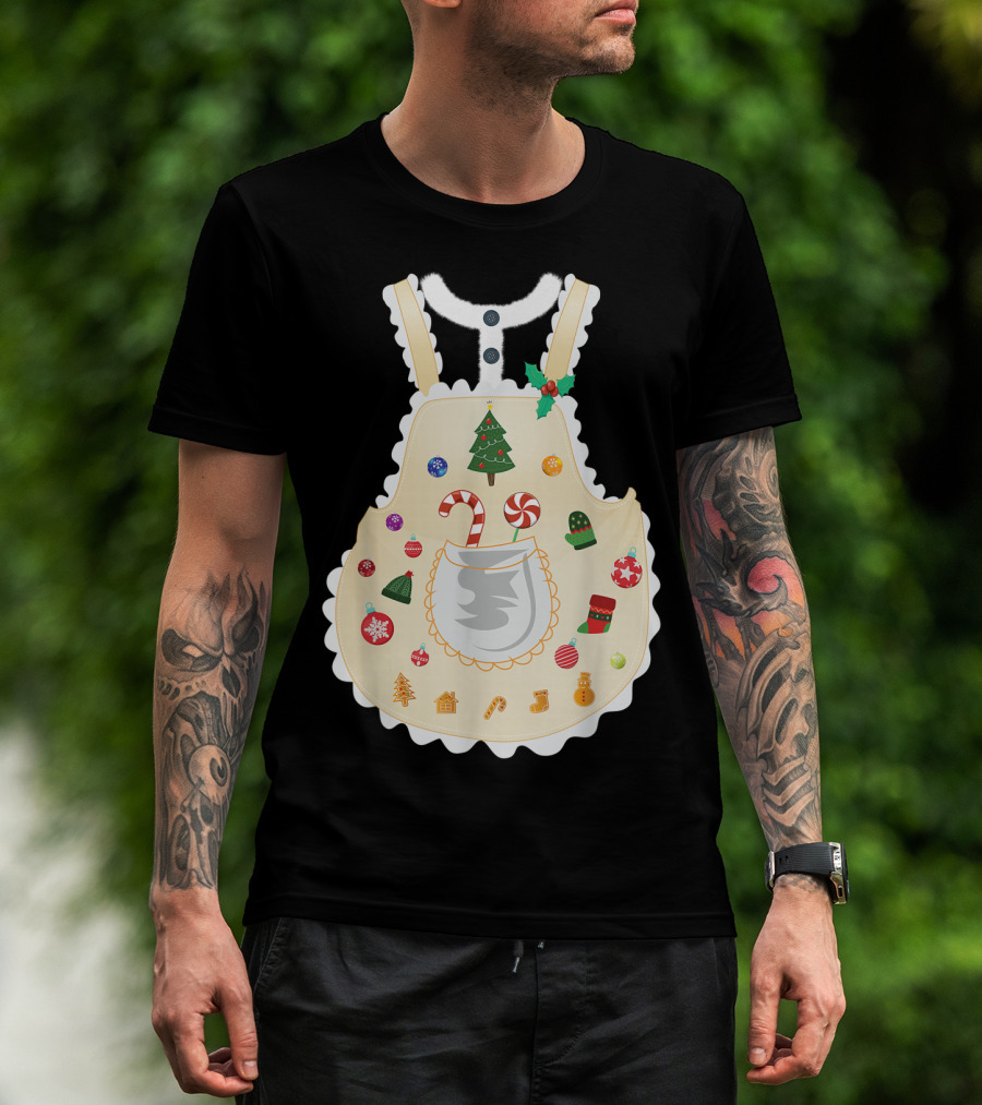 Mrs Claus With Festive Christmas Apron Featuring Santa And Holiday Decorations T-Shirt