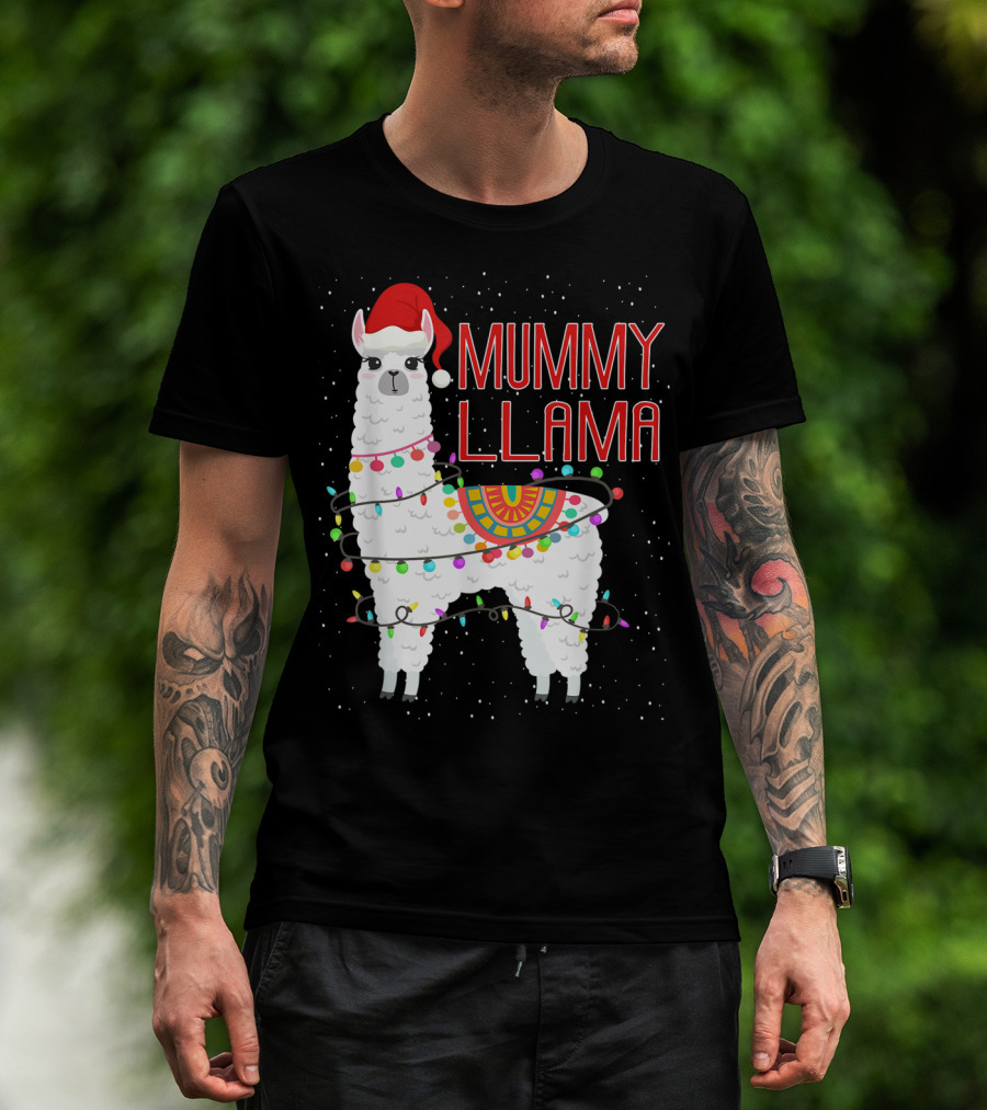 Mummy Llama Christmas Lights Festive Holiday Snow Santa Hat T-Shirt