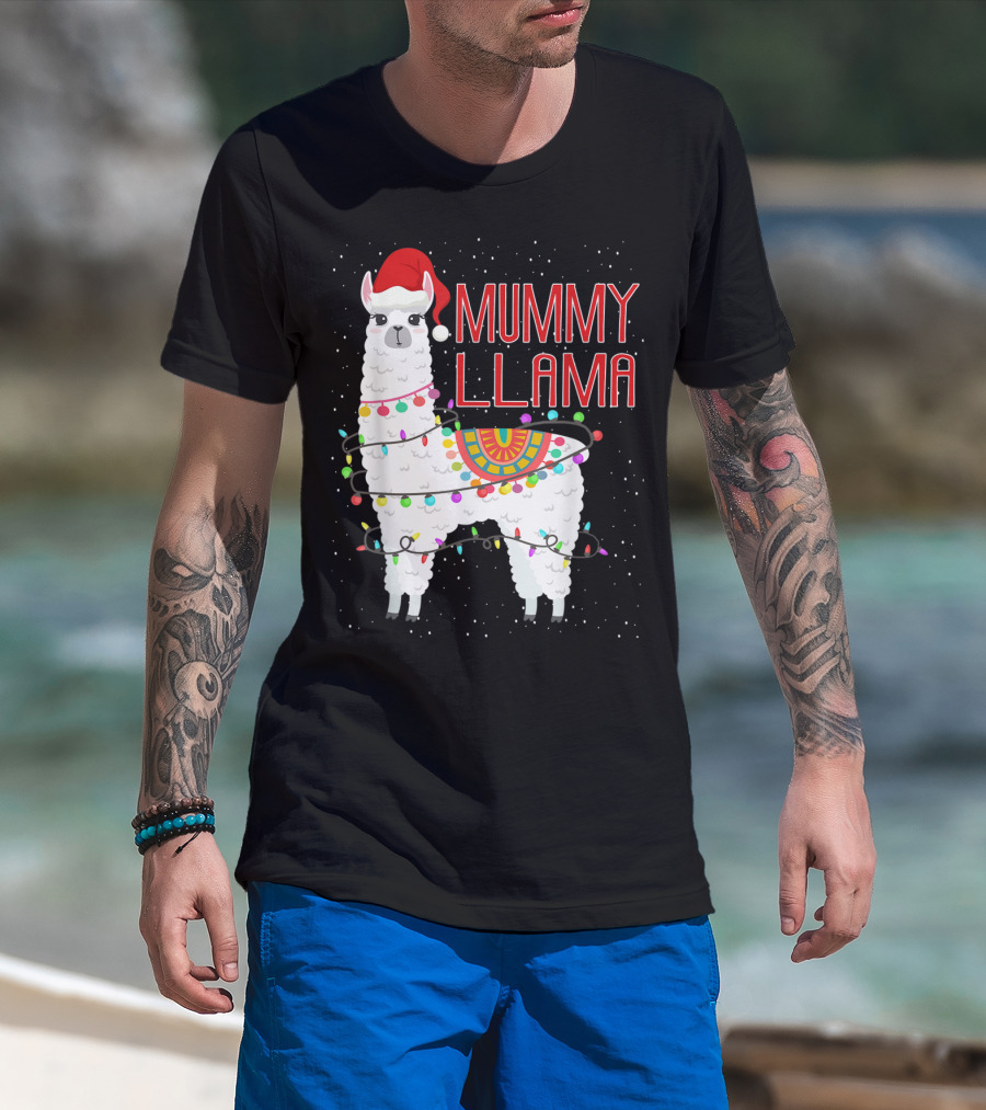 Mummy Llama Christmas Lights Festive Holiday Snow Santa Hat T-Shirt