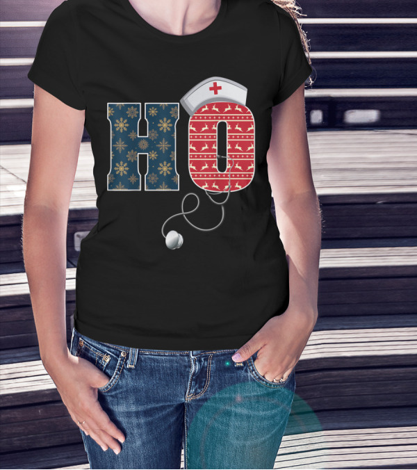 Nurse Ho Stethoscope Christmas Santa Hat Snowflakes Reindeer T-Shirt