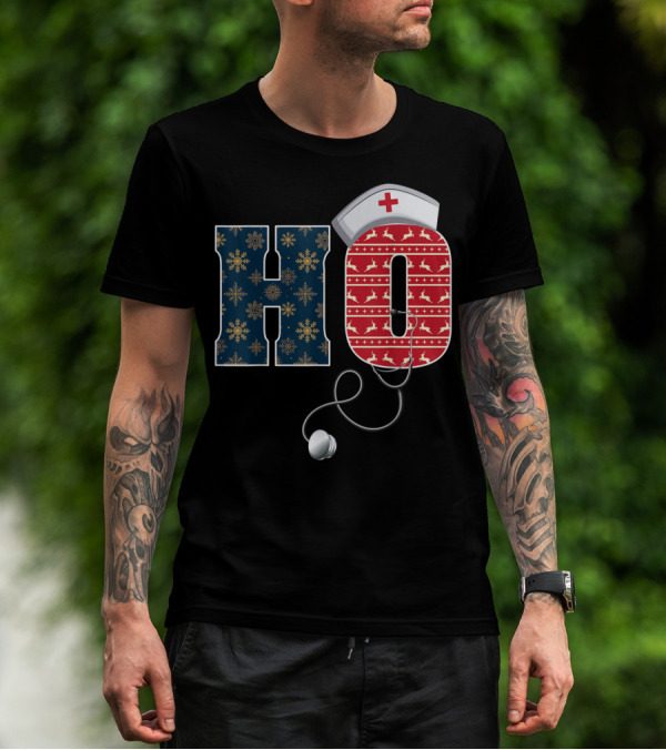 Nurse Ho Stethoscope Christmas Santa Hat Snowflakes Reindeer T-Shirt