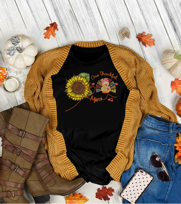 One Thankful Mimi Sunflower Heart Turkey T-Shirt