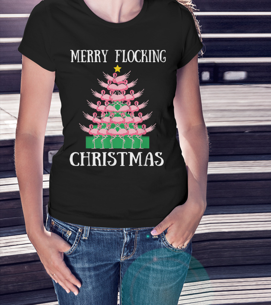 Merry Flocking Pink Flamingo Christmas Tree T-Shirt