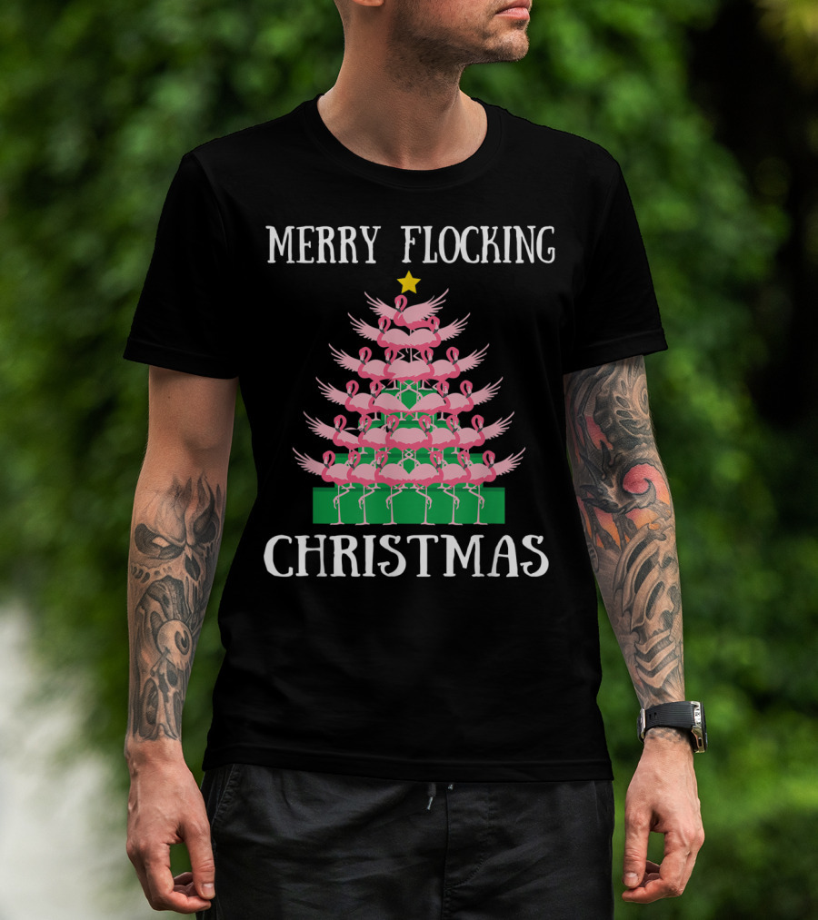 Merry Flocking Pink Flamingo Christmas Tree T-Shirt