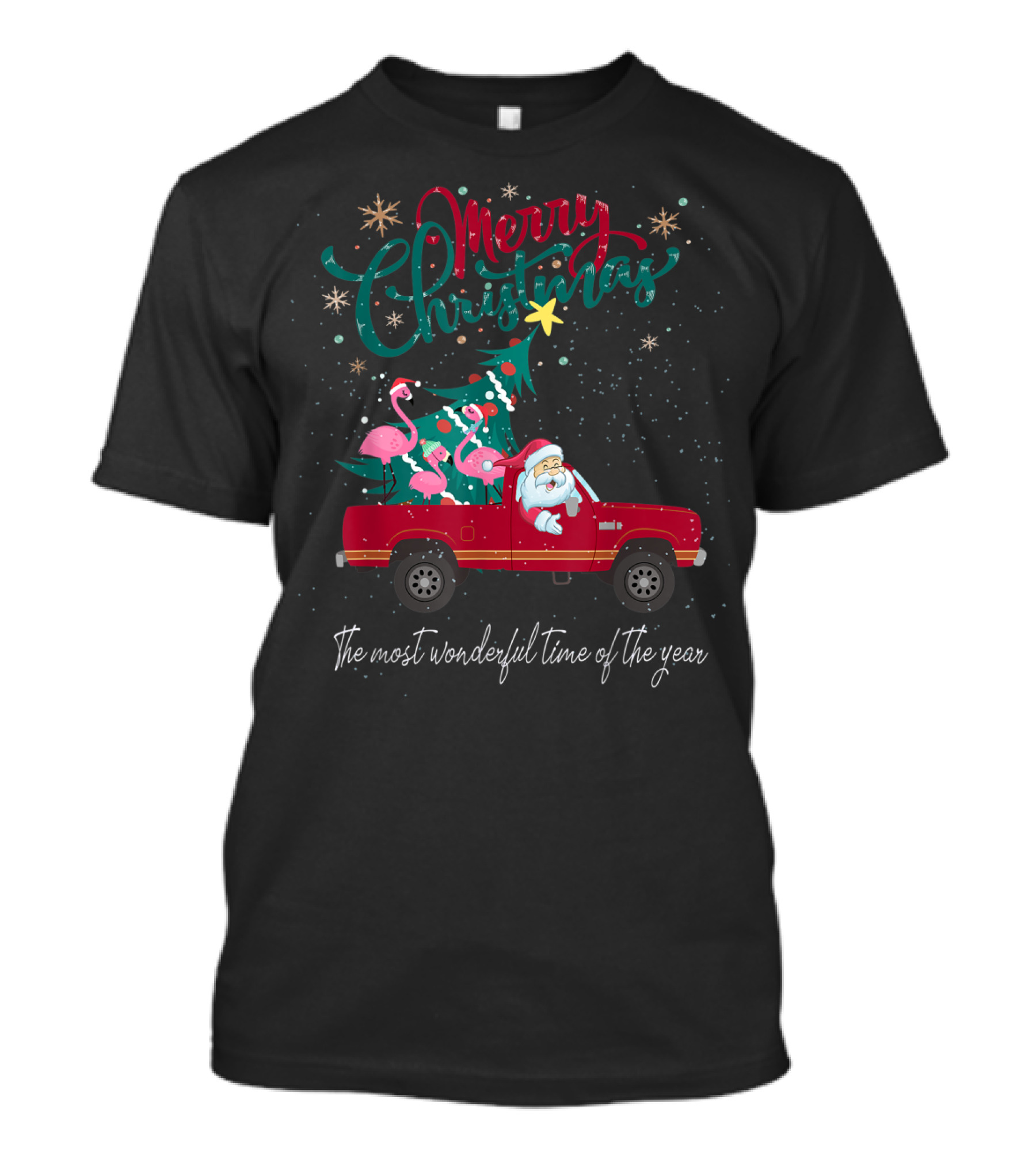 Merry Christmas Santa Red Truck Pink Flamingo The Most Wonderful Time Of The Year T-Shirt