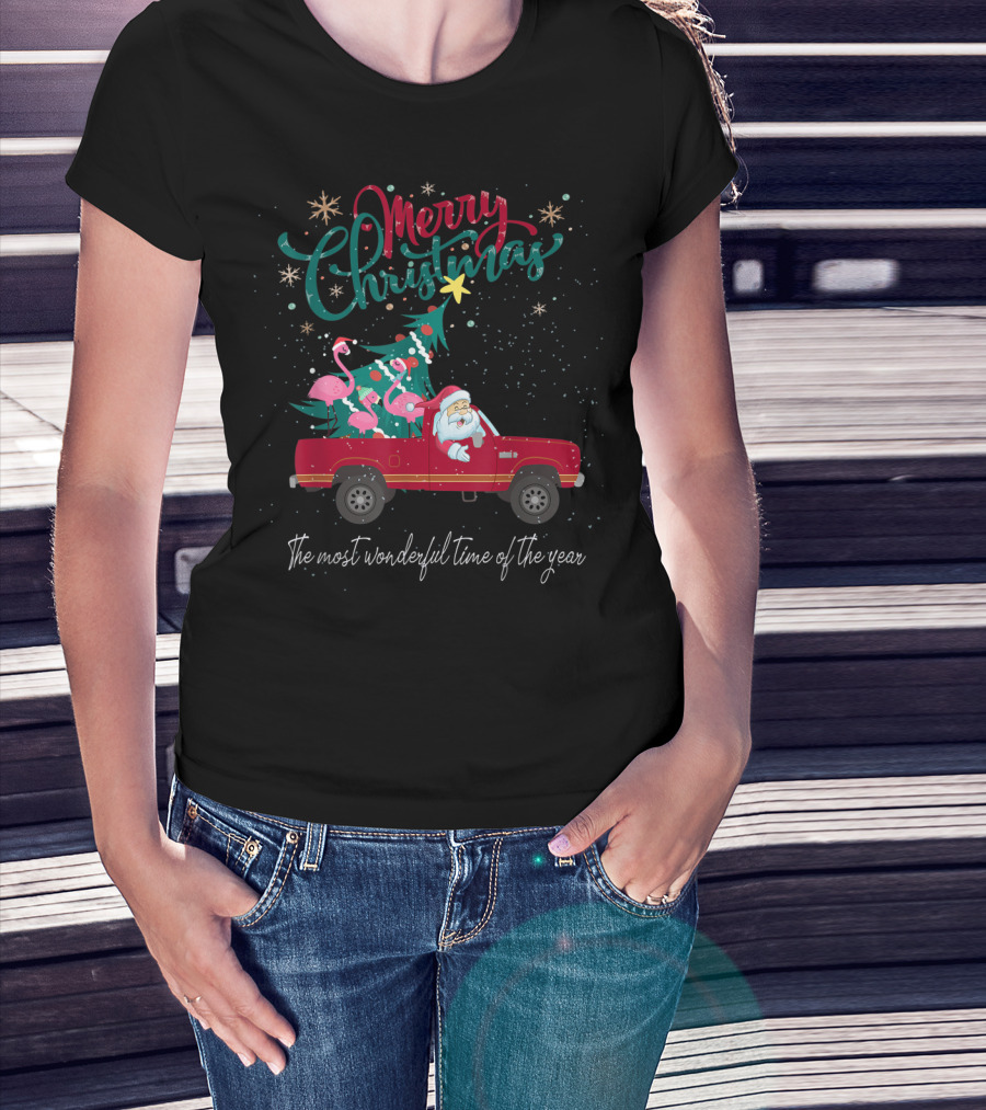 Merry Christmas Santa Red Truck Pink Flamingo The Most Wonderful Time Of The Year T-Shirt