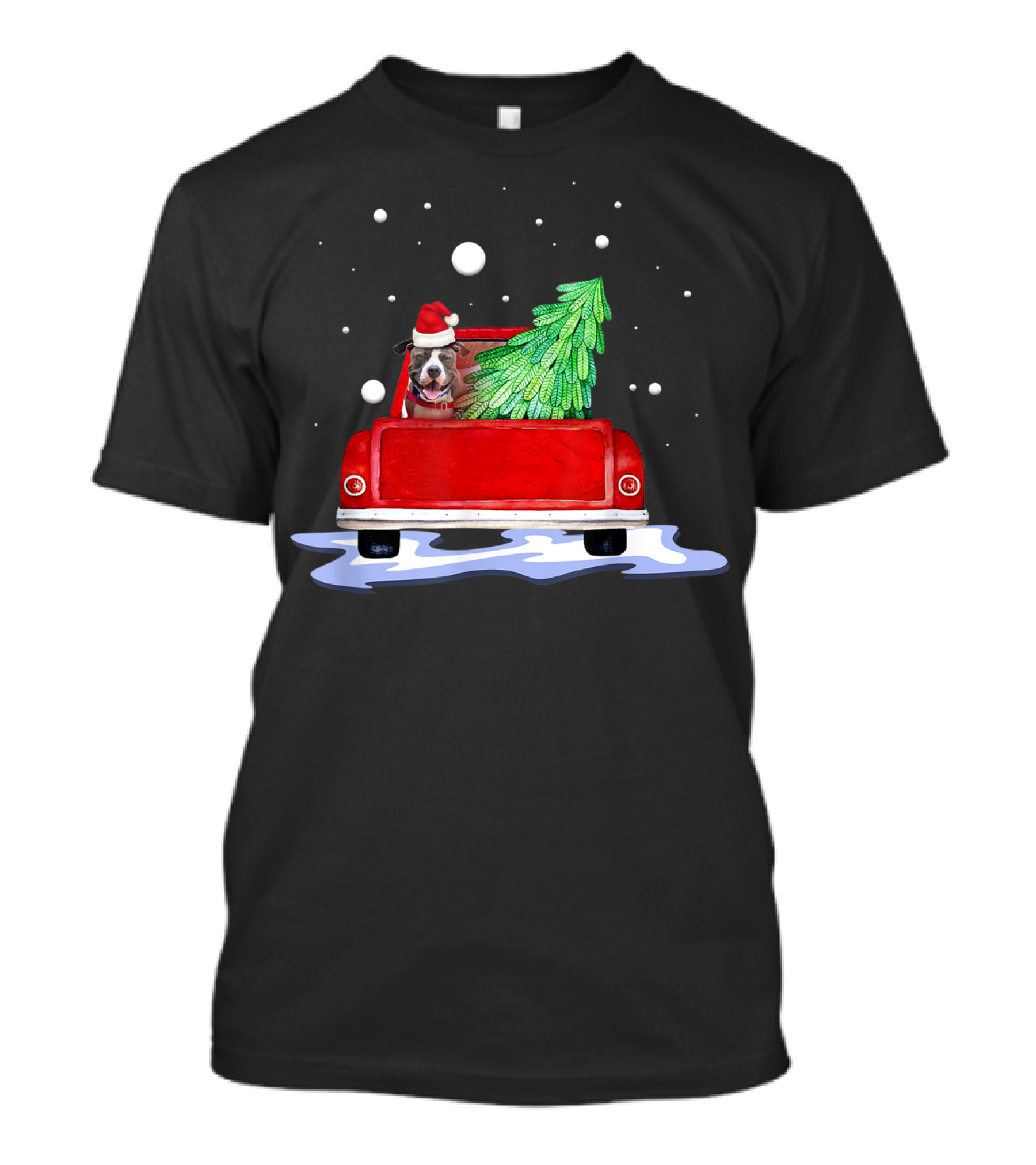 Pitbull Dog In Santa Hat With Christmas Tree In Red Pickup Truck Snow Scene T-Shirt